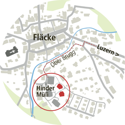 Runder Ortsplanausschnitt von Beromünster mit rot markiertem Projektstandort und umliegenden Strassen (Quartier Fläcke)